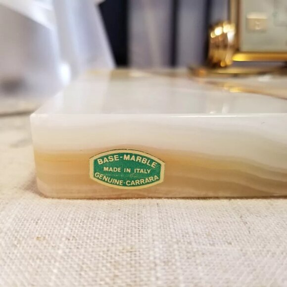 Vintage Brass Royal Elbro Desk Clock w/ Carrara Marble Base Italy - Works - Picture 5 of 6